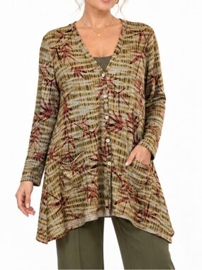 LOGO Artsy Olive Rust Leaf Print Button Front Cardigan SZ XS EUC